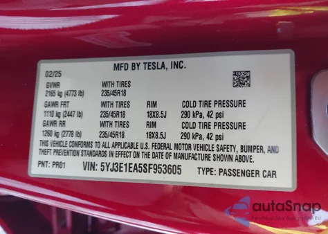 2025 Tesla Model 3 Long Range Rear-Wheel Drive/Standard Rear-Wheel Drive from USA, damaged, VIN 5YJ3E1EA5SF953605